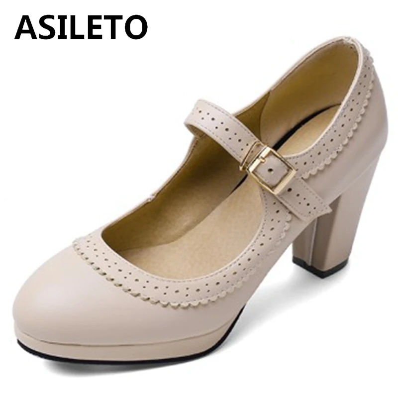 

ASILETO Women Spring Autumn strap pumps Mary Janes cone high heels nude Buckle platform large size 32- 48 Sweet Date S1863