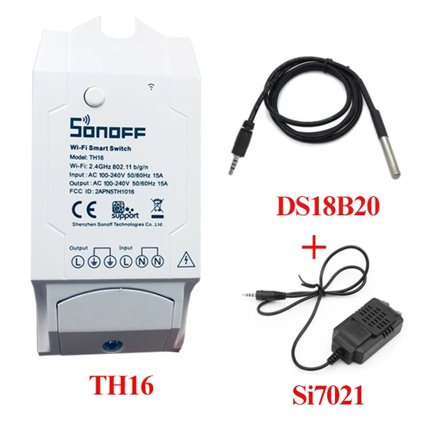 TH16 si7021 ds18b20 Sonoff Th16 Th10 переключатель контроля температуры и влажности WiFi термостат умный переключатель, модуль домашней автоматизации через Google Home - Комплект: TH16 si7021 ds18b20