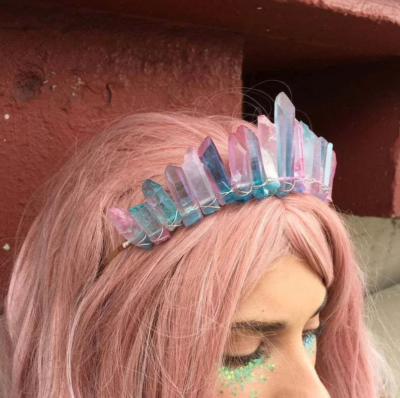 Mermaid Crystal Crown Headband Quartz Boho Hair Jewelry Purple Blue Hoop Bride Tiara Christmas Gift |