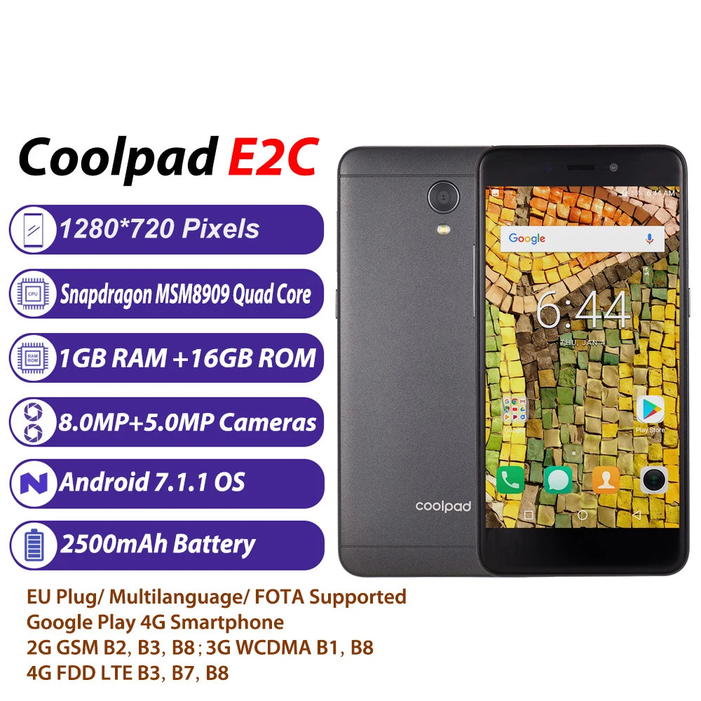 Coolpad E2C смартфон с 5 дюймовым дисплеем четырёхъядерным процессором Snapdragon 210 2500 мАч
