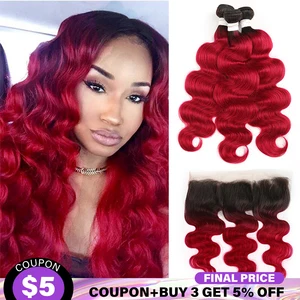 1Bбордовый бразильские волосы волнистые человеческие волосы пряди с фронтальной 13x4 SOKU 3 шт. эффектом деграде (переход от темного к рыжие волосы пряди с закрытием-Волосы Remy