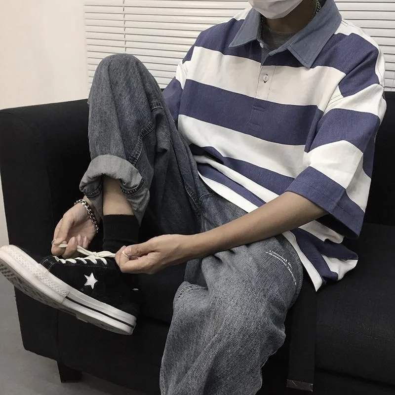 Толстая полосатая рубашка-поло трендовая японская Универсальная футболка-поло в