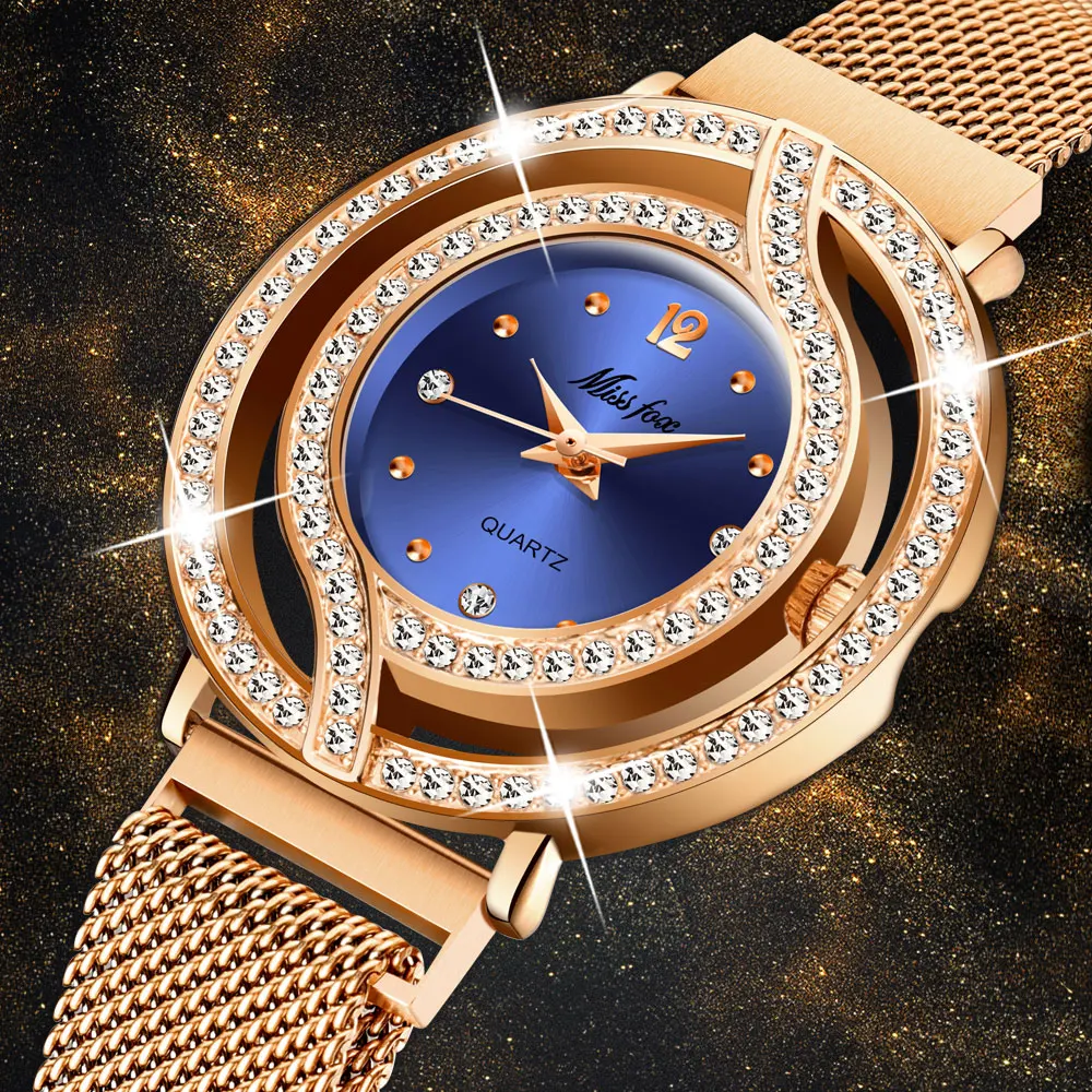 Missfox Famous Watch Women Luxury Brand Waterproof Diamond Women's Watches Hollow Blue Steel Elegant Gold Ladies Wrist Watch