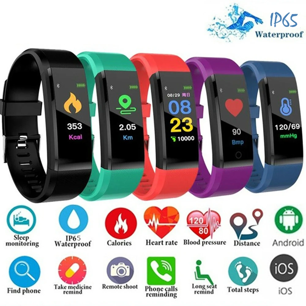 

115 Plus Bluetooth-совместимые умные часы с пульсометром, наручные часы, фитнес-трекер, браслет IP65, Водонепроницаемый умный браслет