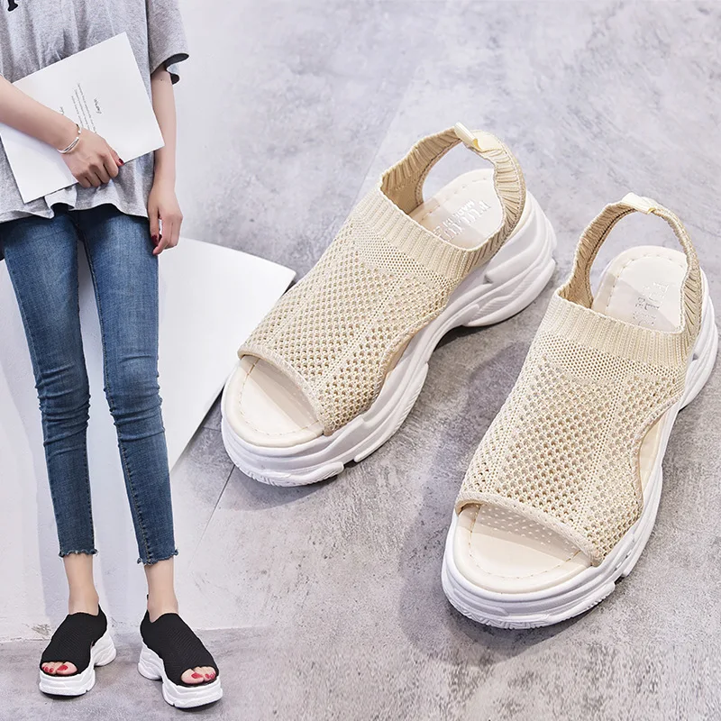 

Summer New Thread Casual Sandals Fashion Cutout Womens Shoes Slip-On Novelty Shallow Wedges High (5cm-8cm) Thick Bottom Solid