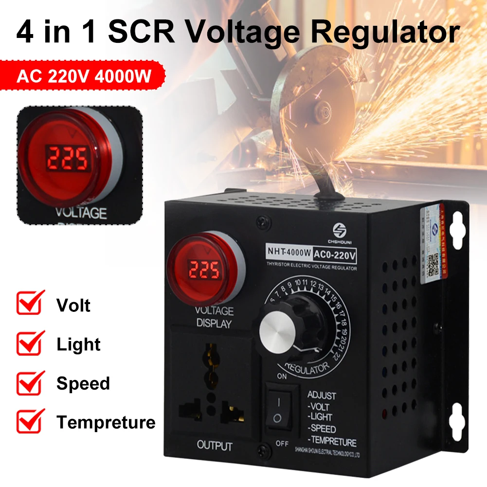 

4 In 1 SCR Voltage Regulator Durable Speed Temperature Light Volt Dimmer Adjuster Controller Easy & Safe To Use AC 220V 4000W