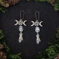 a pair of triple moon goddess white glass crystal hands drop earrings occult pagan pendant jewelry gift for women
