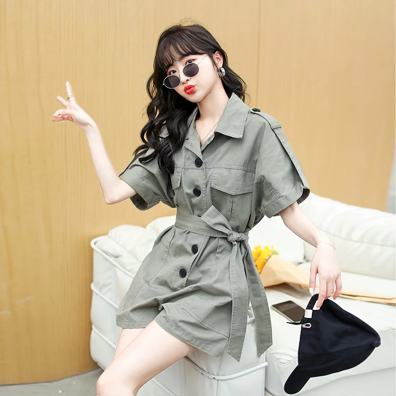 

Summer Vintage One Piece Shorts Jumpsuit Overalls Loose Casual Short Sleeve Lapel Bandage Wide Leg Shorts Sets Romper Streetwear