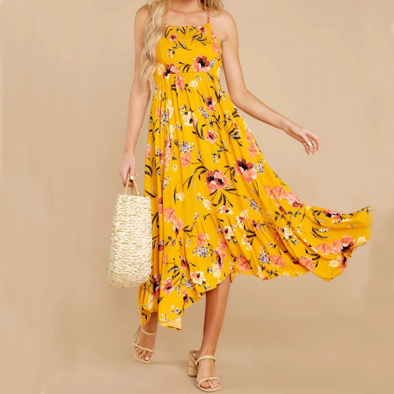 

Yellow Printed Dress For Women Sleeveless Boat Neck Chiffon Loose Maxi Dress Floral Boho Holiday Summer Long Dress Vestidos