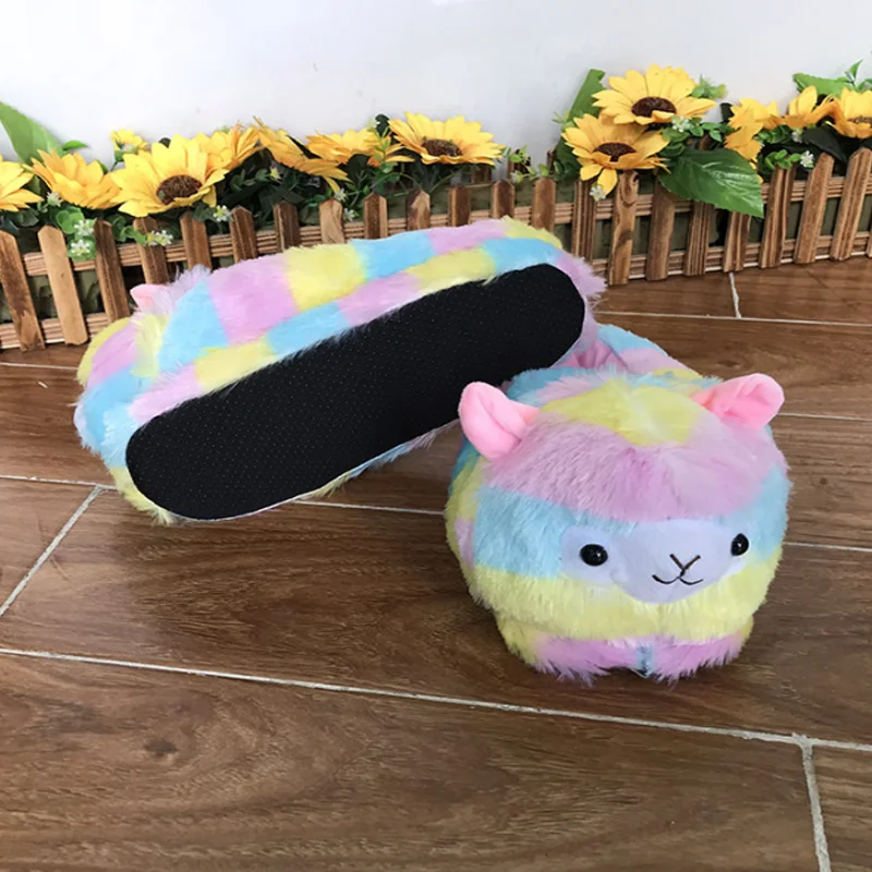 Cute fashion winter cute rainbow colorful alpaca women indoor slipper
