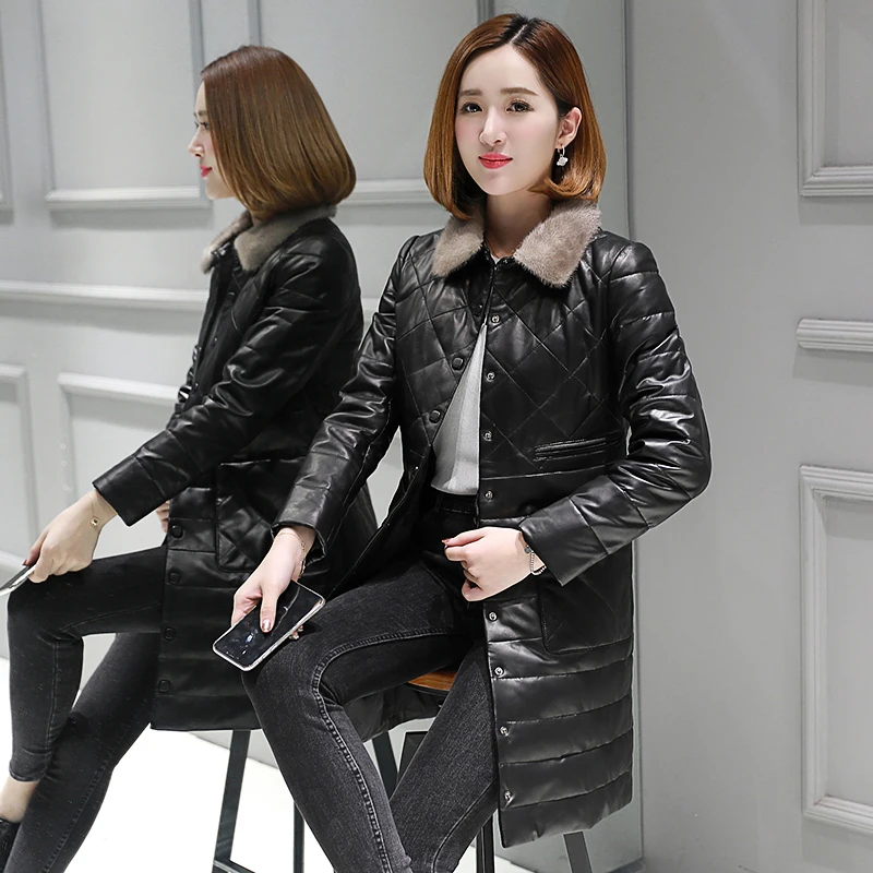 

100% Real Sheepskin Coat Female Mink Fur Collar korean Down Jackets 2020 Winter Women Genuine Leather Jacket MY