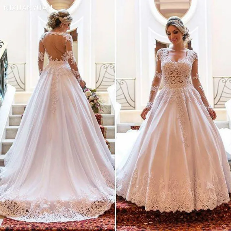 

2021 V Neck Lace Appliques A Line Wedding Dresses Sheer Back Long Sleeve Sweep Train Elegant Bridal Gowns Vestido De Noiva