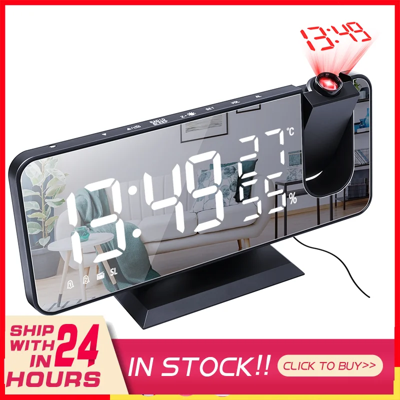 

Electronic Alarm Clock Digital Ceiling Projector Clock With Thermometer Calendar LED USB FM Radio For Snooze Projection Function
