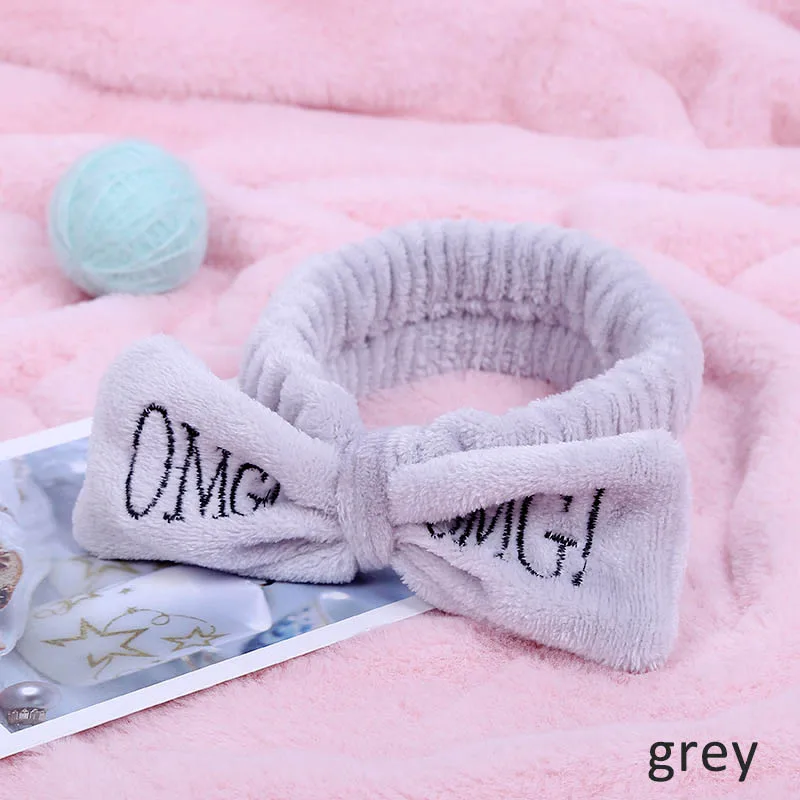grey Новые OMG буквы коралловый флис мыть лицо повязки для волос для женщин милый мягкий бант девушки повязки, резинки для волос аксессуары для волос в виде тюрбана - Цвет: grey