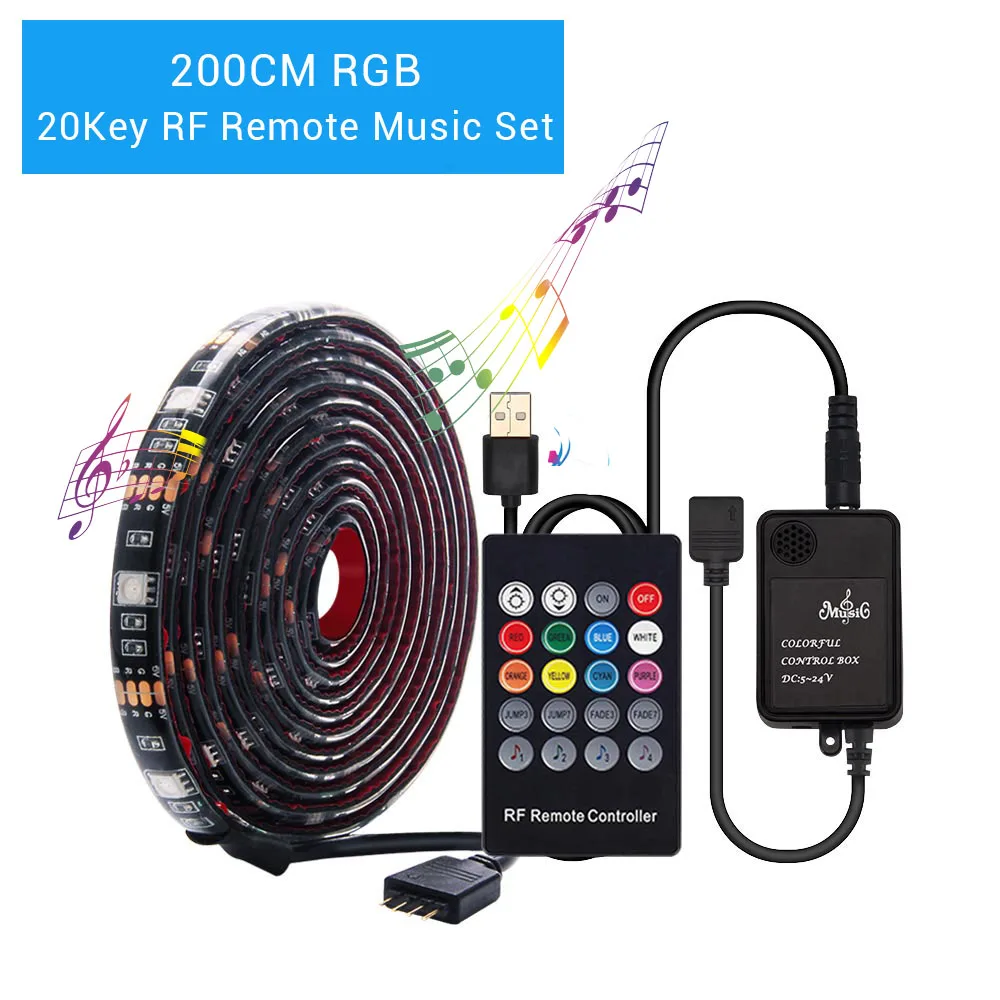 200CM RGB 20Key Светодиодная лента RGB 5050 с питанием от USB, 20Key, светодиодный музыкальный контроллер RGBW, Bluetooth, 40Key, светодиодная Диодная лента для телевизора, компьютера, подсветка - Испускаемый цвет: 200CM RGB 20Key