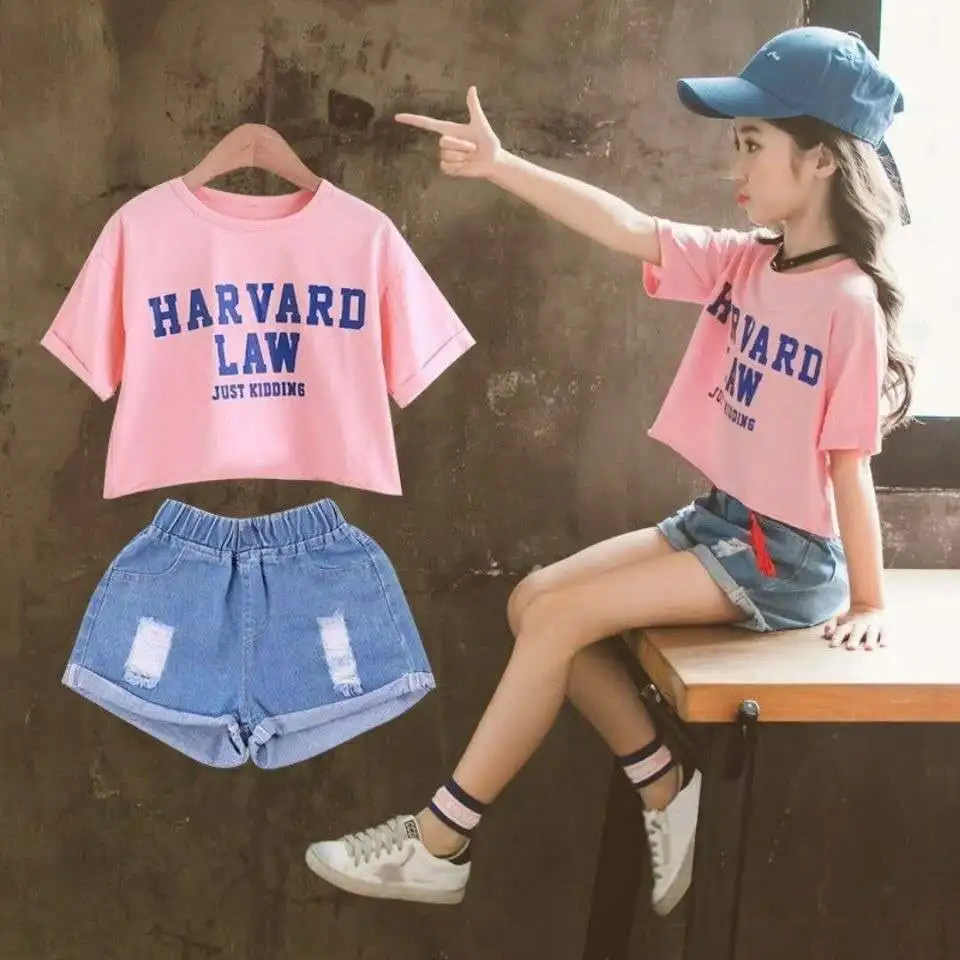 

Good Quality 2021 Kids Girls Clothes Set Summer Cotton Short Sleeve Letter T-shirt+Denim shorts Street Outfits For Baby Clothing