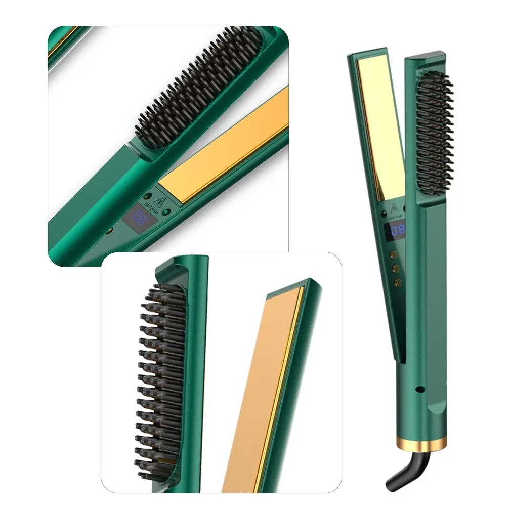 

2 In 1 Hair Straightener Flat Iron Electric Plug In Hot Comb Hair Straightener Brush With Adjustable Temperature