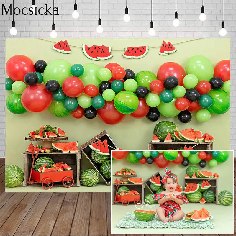 

Summer Watermelon Photography Backdrops Colorful Balloons Fruit Child Cake Smash Green Background Props Photo Studio Baby Shower
