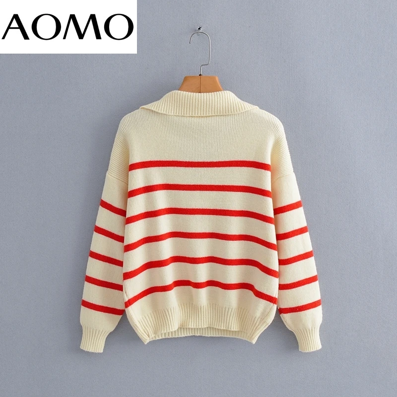 

AOMO Women Red Striped Knitted Sweater Jumper Button Decorate Oversize Pullovers Chic Tops BC182A