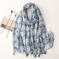 2021 fashion sky blue penoy floral tassel viscose shawl scarf lady print soft wrap pashmina stole bufandas muslim hijab 18090cm