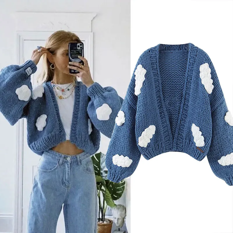 

Za 2021 Women's Fashion Knitting Cardigan Puff sleeve Blue sky and white clouds Manual Sweater Female Outerwear Loose Tops