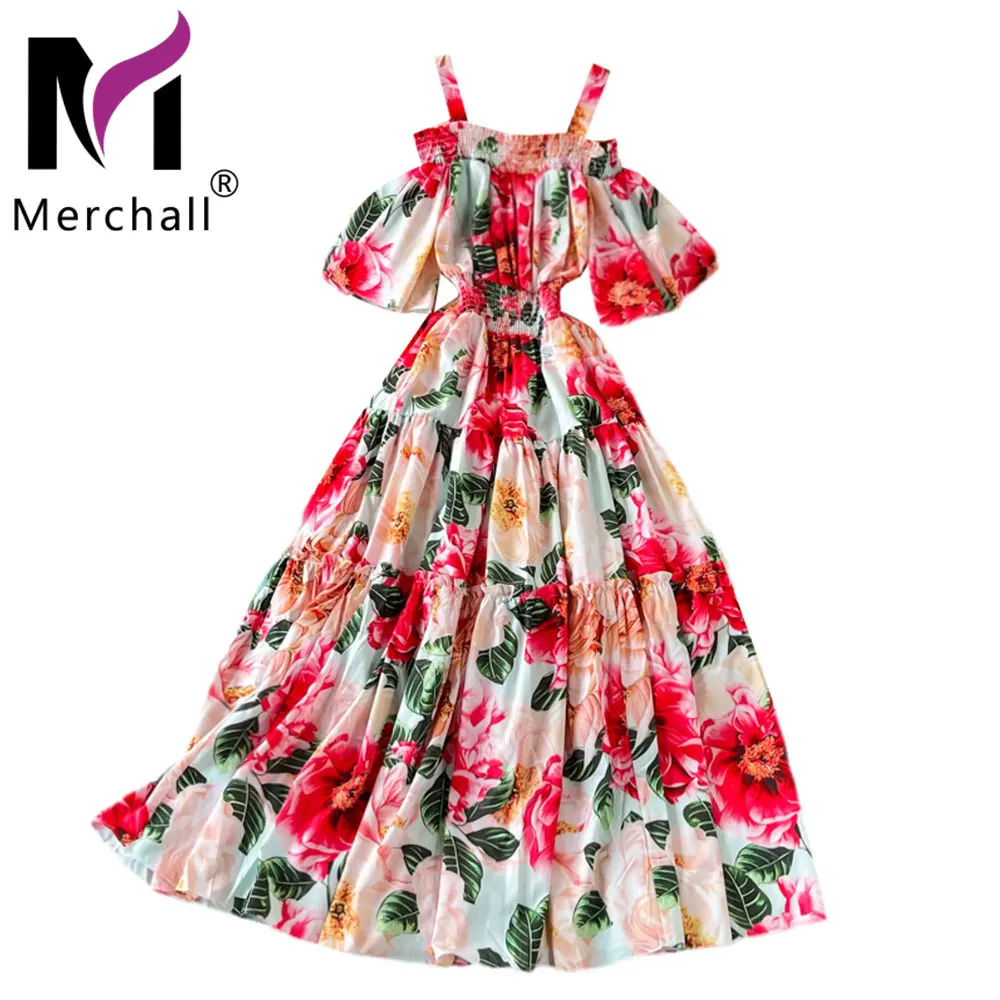 

Summer Elegant Off Shoulder Floral Dress Women's Sexy Spaghetti Strap Elastic High Waist Flower Print Boho Holiday Dress M7281#