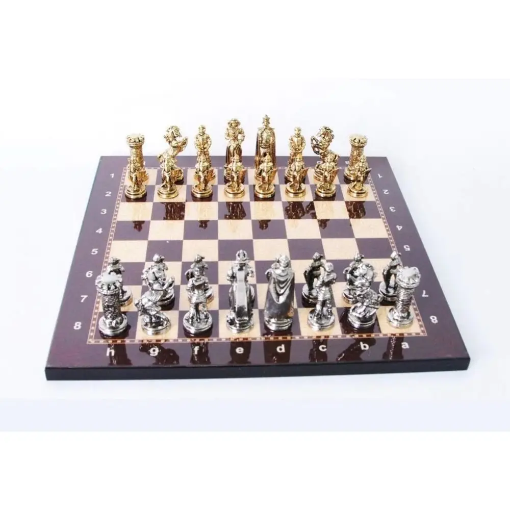 

Historical Antique Chess Board Set Copper Rome Figures Metal Gold Color Handmade Pieces Walnut Patterned Wood Andalusian Knights