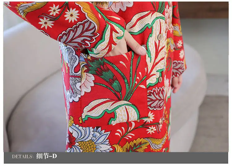 

2019 winter new cotton and linen cotton national wind printing large size women's plus velvet thick long coat