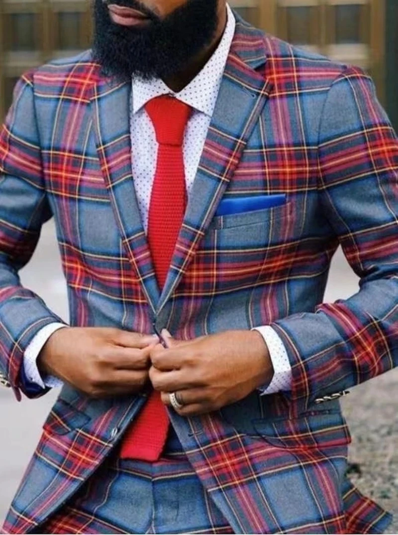 

Костюм мужской Клетчатый однобортный, пиджак и брюки, облегающая повседневная одежда с отложным воротником с вырезом, новейший дизайн