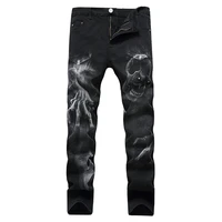 2022 dark streetwear skull print punk men vintage slim jeans trousers hip hop stretch cotton denim pants for teens pantalones