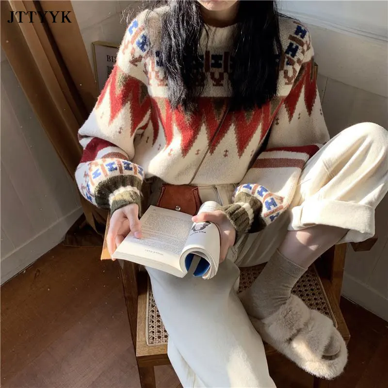 

Autumn New Loose Retro Knitted Sweater Womens Short Pullover Long-sleeve Sweater Winter Thick Casual O Neck Bottoming Top Women