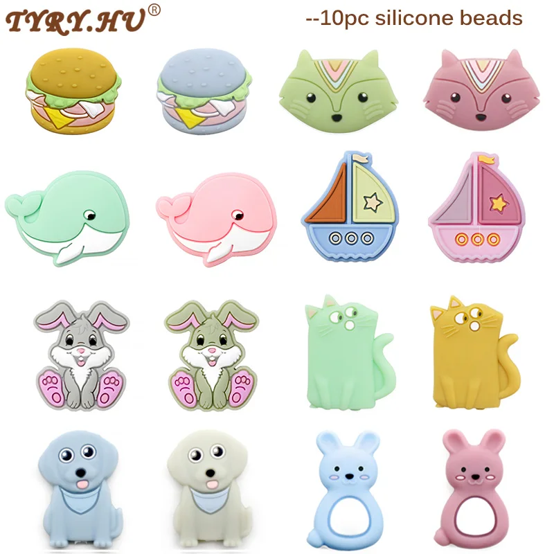 Cuentas de silicona de dibujos animados para beb&eacute;, cadena de chupete sin BPA, accesorios para mordedor, conejo, gato, arco&iacute;ris, 10 piezas-0
