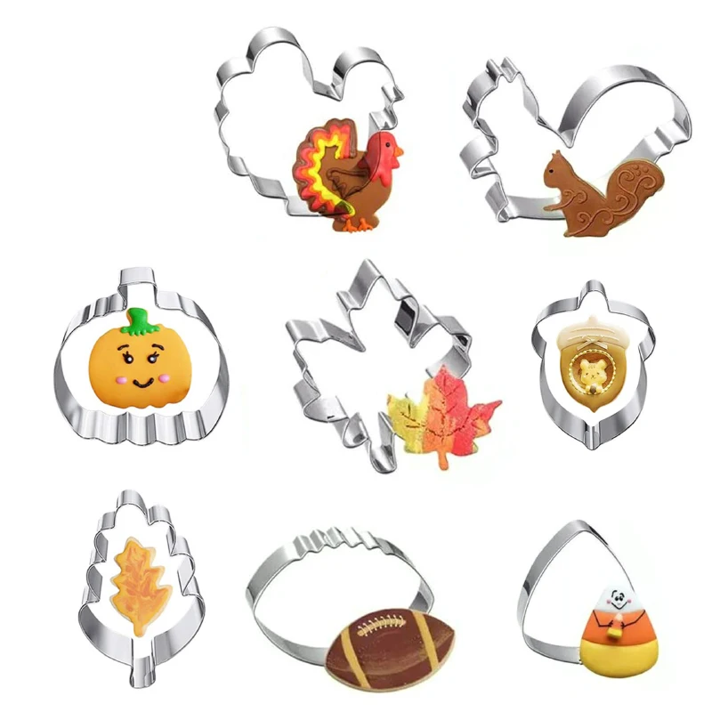 

8Pcs Thanksgiving Cookie Cutter Mold Stainless Steel Kitchen Biscuit Mould DIY Turkey Oak Leaf Squirrel Cookies Biscoito Mold