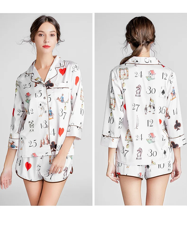 

Summer Autumn Women Ladies Sexy Cartoon Picture Satin Silk Pajamas Sets Tops+Shorts Sleepwear Mujer Nightwear Pyjama Femme
