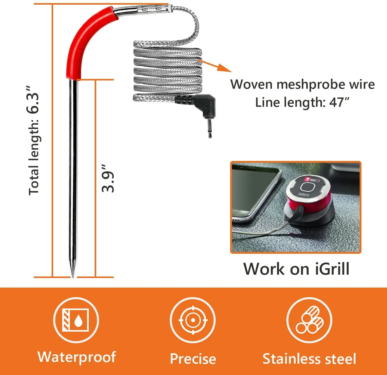 Sonda de carne impermeable de repuesto para Weber iGrill Mini iGrill 2 iGrill 3, term&oacute;metro, 2 paquetes, con 2 soportes de Clip de sonda-1