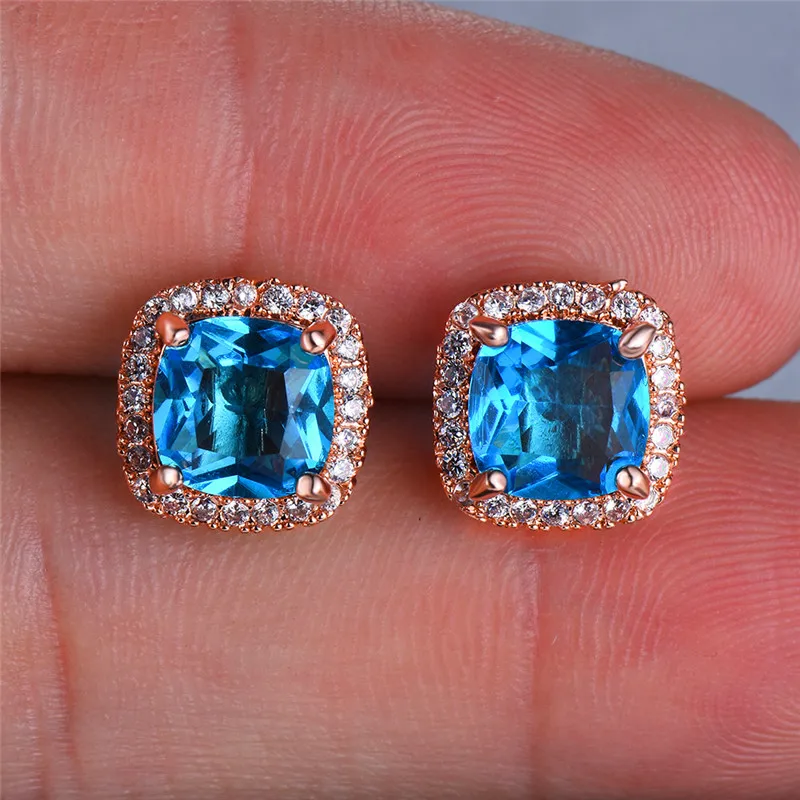 Rose Light Blue Роскошные женские хрустальные серьги с зеленым камнем модное серебряное обручальное кольцо из розового золота серьги винтажные Двойные серьги-гвоздики для женщин - Окраска металла: Rose Light Blue