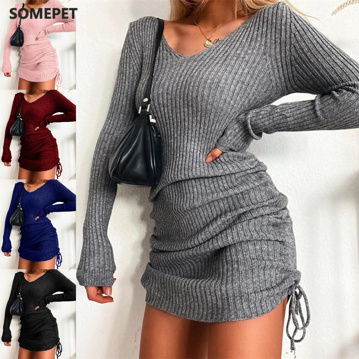 

Women's Dress Knitted Drawstring Sexy Mini Dress Autumn Winter Elegant Fashion V-Neck Long Sleeve Bodycon Party Dresses Female