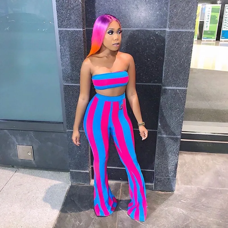 Полосатый Принт без бретелек сексуальные расклешенные брюки комплект из двух