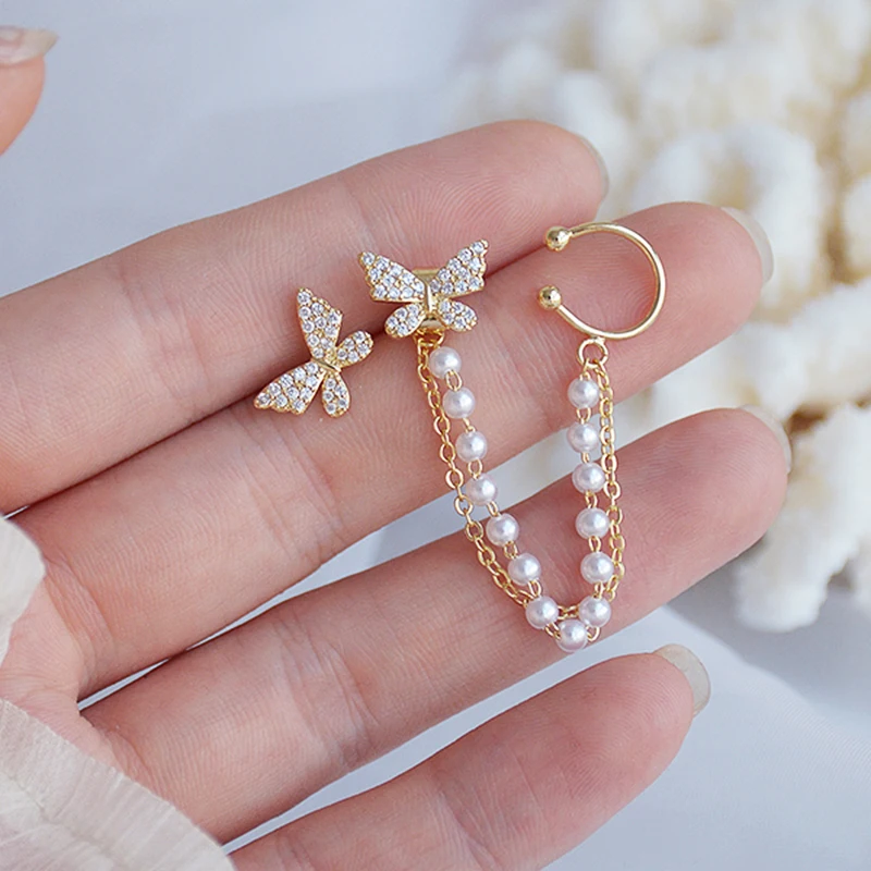 

Micro-inlaid Butterfly Wings, Zircon And Pearl Chain Rear Hanging Ears Earrings For Women Wholesale Korean Stud Earring Jewelry