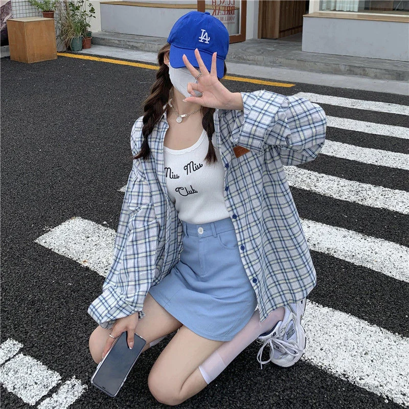 

HOUZHOU Green Korean Style Plaid Shirts Harajuku Oversize Classic Vintage Shirt Female Long Sleeve Autumn Casual Women Blouse