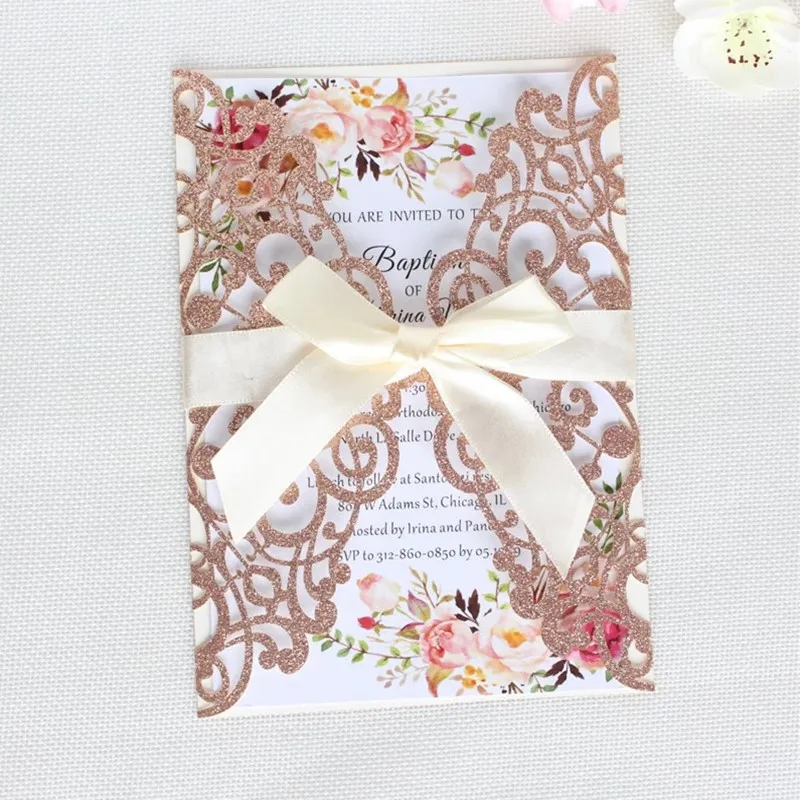 Розовое золото пригласительные карты блестящий цветок пригласительная коробка