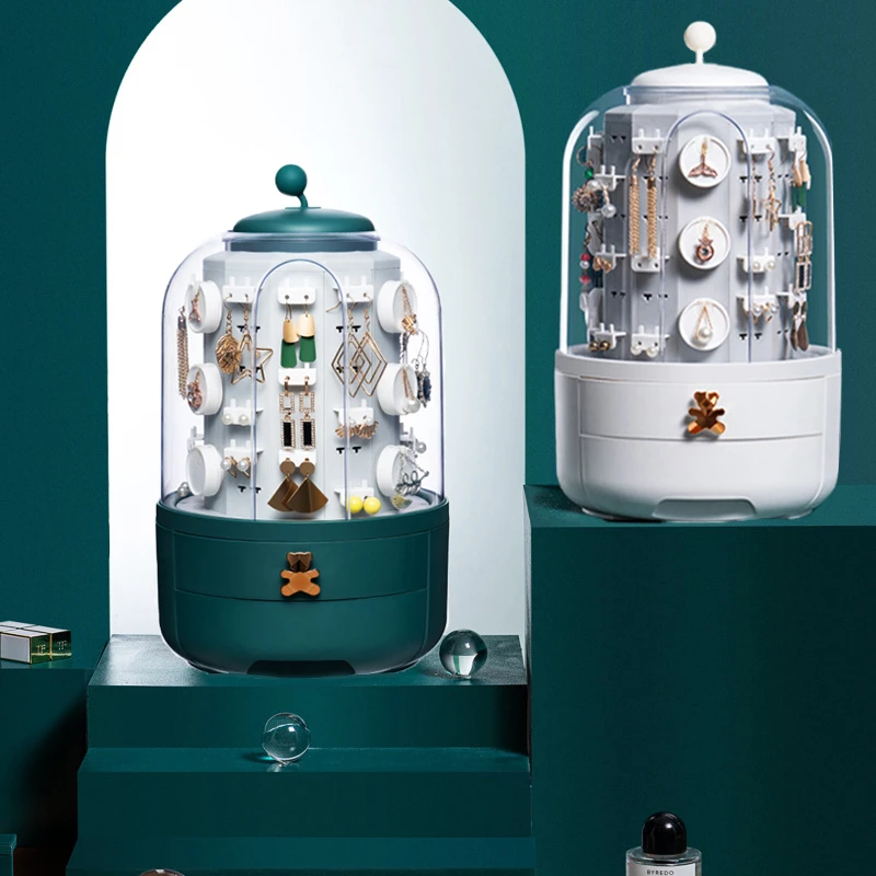 

360 Rotating Jewelry Organizer Makeup Storage Box Earring Ring Display Holder Desktop Dustproof Drawer Type Plastic Jewelry Box