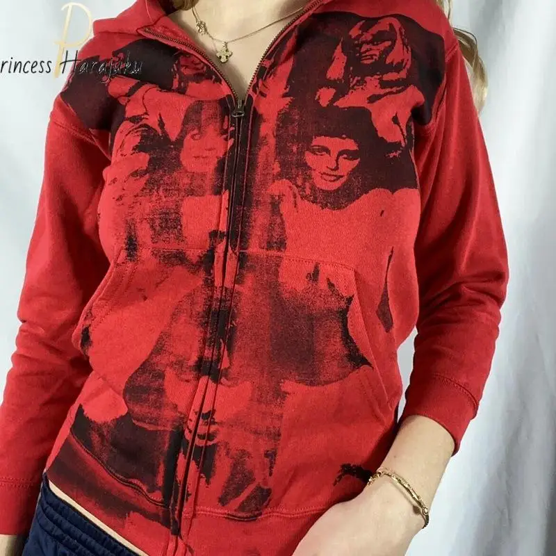 Sudadera con capucha de manga larga para mujer, suéter con cremallera y estampado rojo Vintage, ropa de calle estética Grunge Y2k, talla grande, novedad, Otoño e Invierno