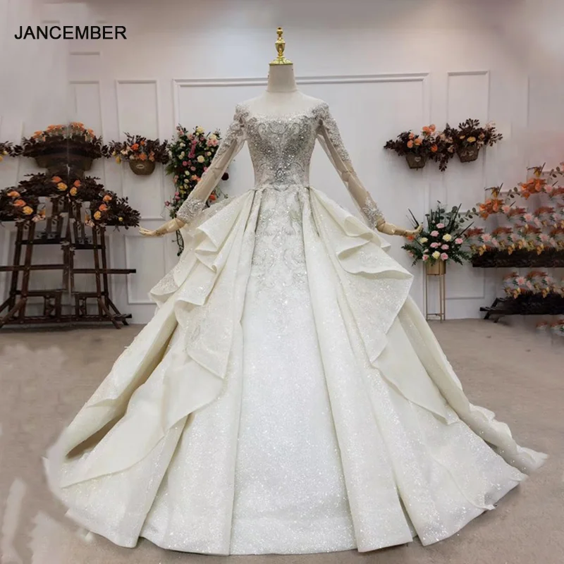 

HTL1541 Luxury Crytal Beading Sequined White Wedding Dresses 2020 Ruched O-Neck Ball Gown Lace up With Back vestido novia blanco