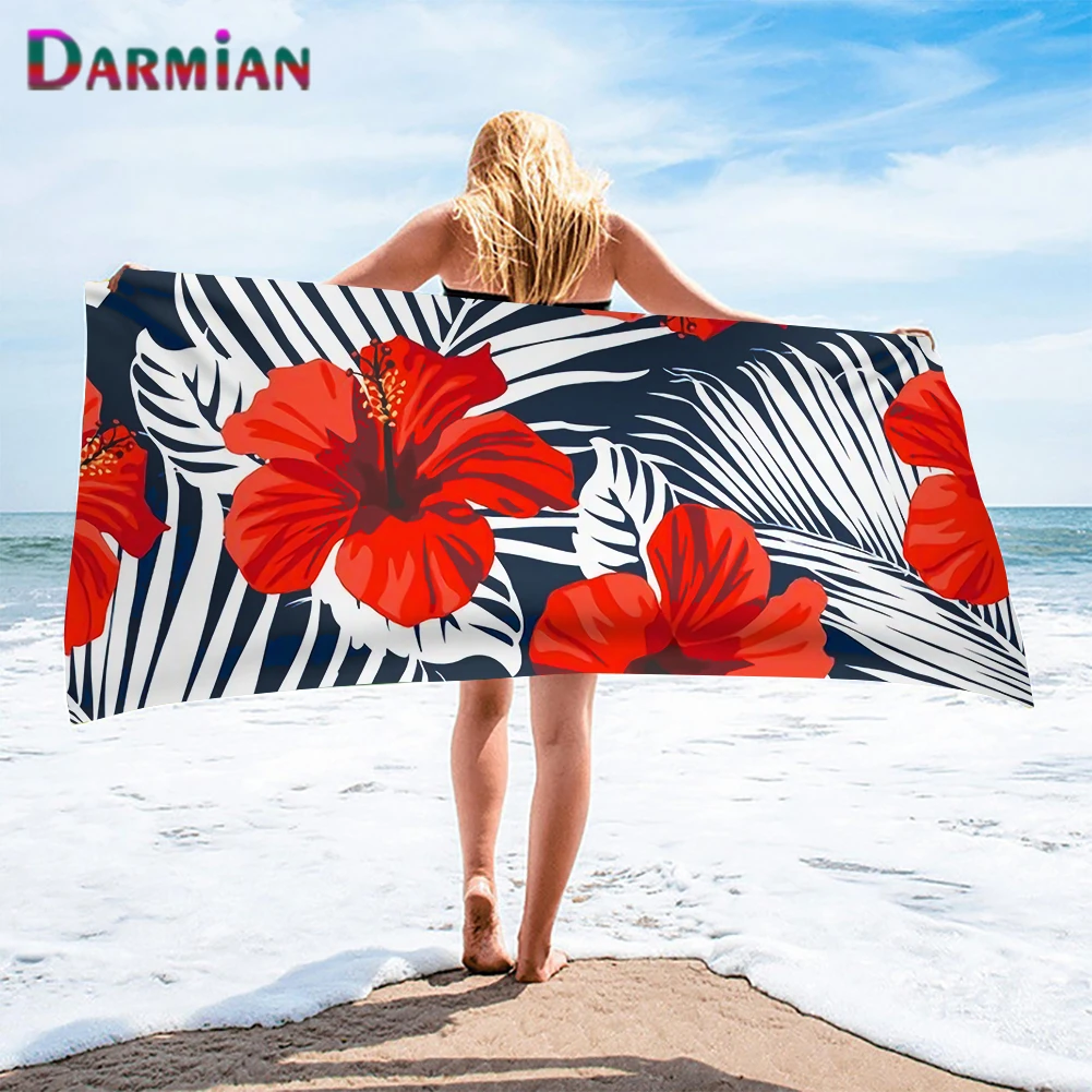 

DARMIAN Soft Microfiber Bath Towels Polynesian Red Hibiscus Flowers Print Large Beach Towel Super Absorbent Home Textile Toalla