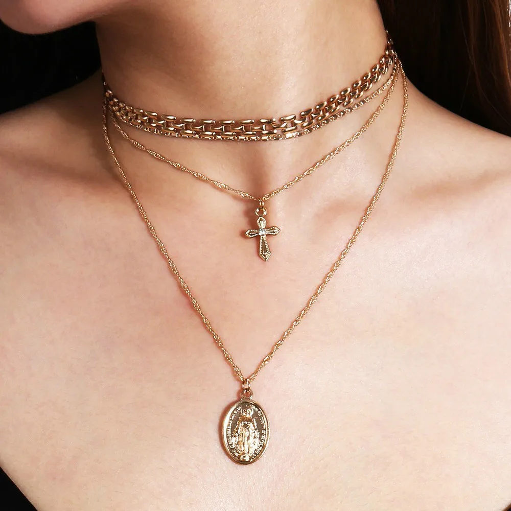 

Charms Jesus Virgin Mary Cross Pendant Necklace For Women 2020 Multi Layered Gold Color Chain Statement Choker Religious Jewelry