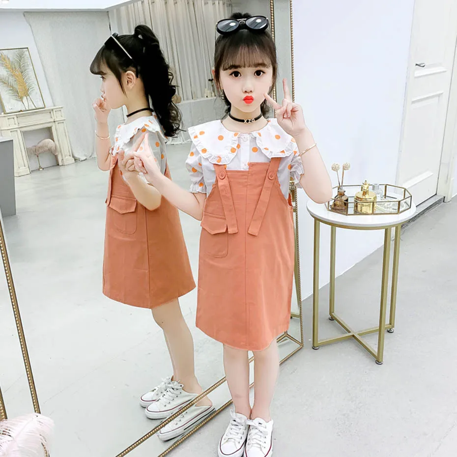 Girls Summer Clothes Dot Teenage Clothing Blouse + Jumpsuit For Butterfly Sleeve Children's Suits |