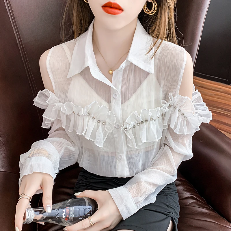 

Лето 2021, новый дизайн, сетчатый эластичный свободный топ с коротким рукавом-фонариком на одно плечо, привлекательная благородная женская фу...