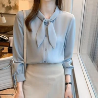 elegant bow collar solid chiffon shirts fashion office lady pullovers blouses 2022 spring autumn new commuter womens clothing