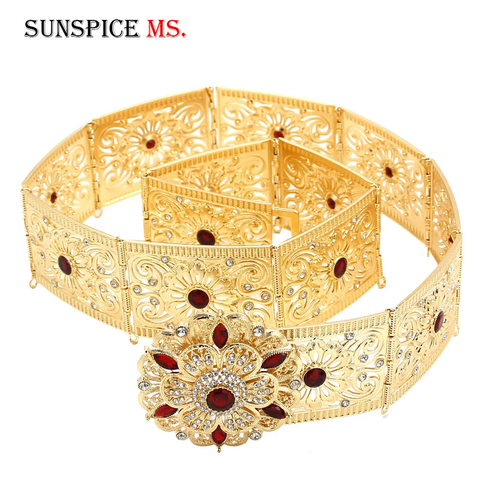 SUNSPICE-MS, марокканский кафтан, цветок, металлический пояс-цепочка на талию для женщин, для Закавказья, этническая свадьба, золото, серебро, цвет, украшения для тела - Окраска металла: XY099red